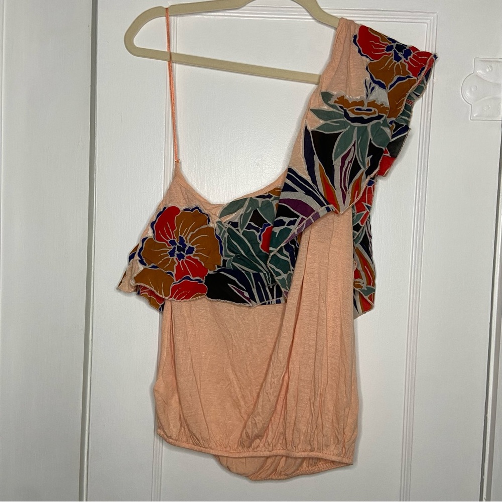 Free People Annka Bubble Tropical One Shoulder Vacation Blouse In Peach Medium - Picture 9 of 15